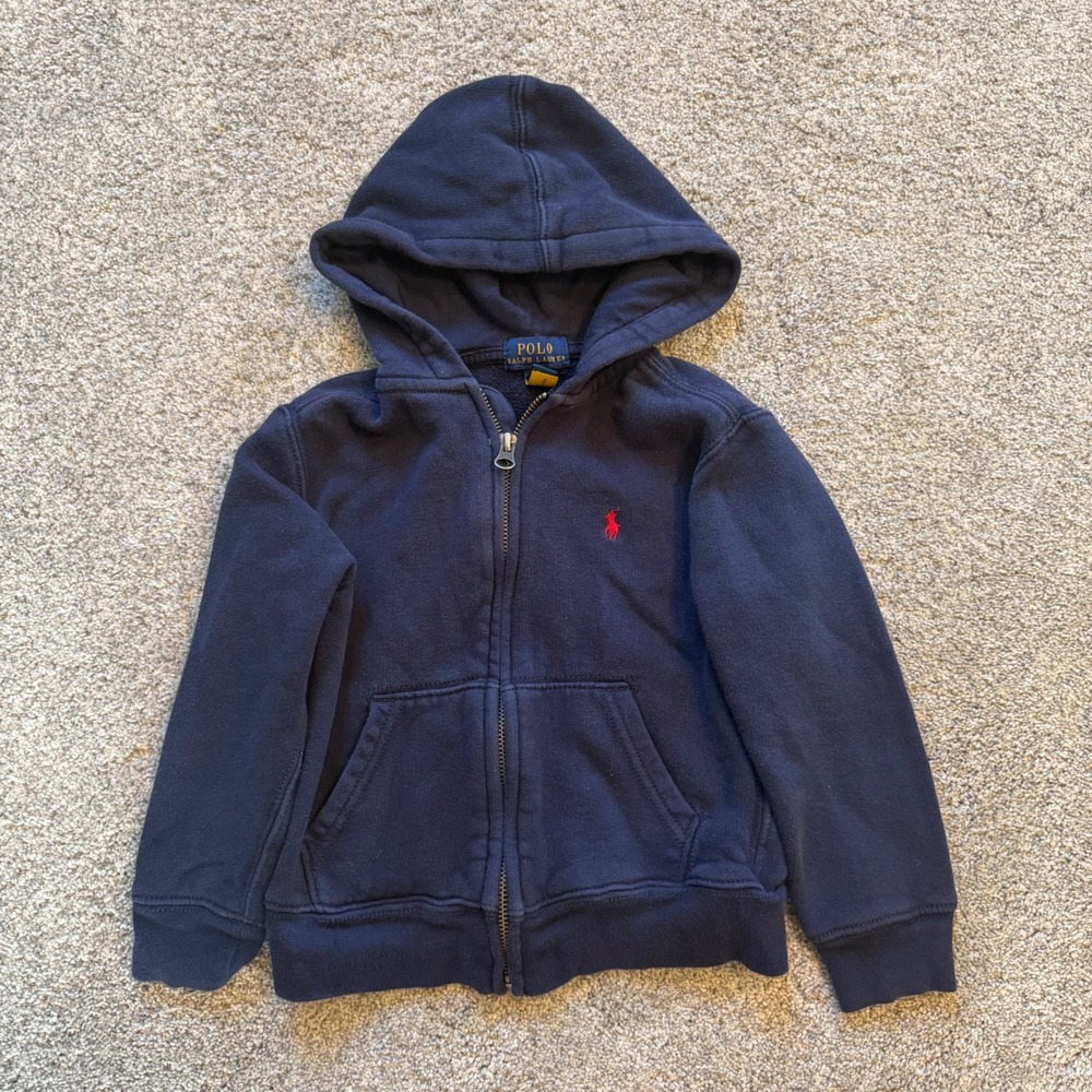 Polo Ralph Lauren Boys 4/4T Navy Blue Full Zip Fleece Hoodie Red Pony Logo